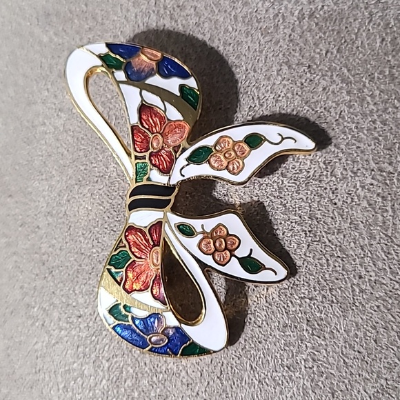 Jewelry - Vintage 1980's Gold Tone Cloisonne Bow Brooch Floral‎ Enamel